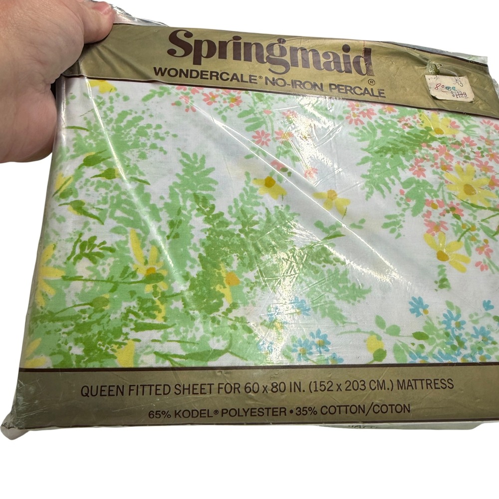Springmaid Fitted Sheet Queen White Green NIP Vintage Michelle Floral Percale